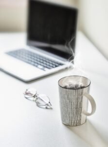 desk, tea, tea cup, coffee, table, coffee cup, laptop, cup, mug, workplace