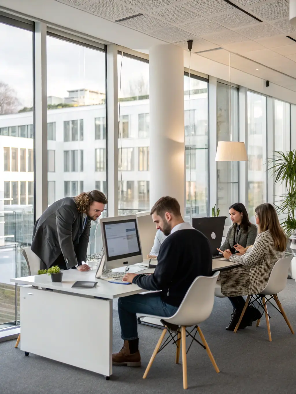 A high-tech office space in North Carolina, showcasing a team collaborating on innovative web solutions, reflecting NCSmartEdgeAI's commitment to cutting-edge technology and local expertise.