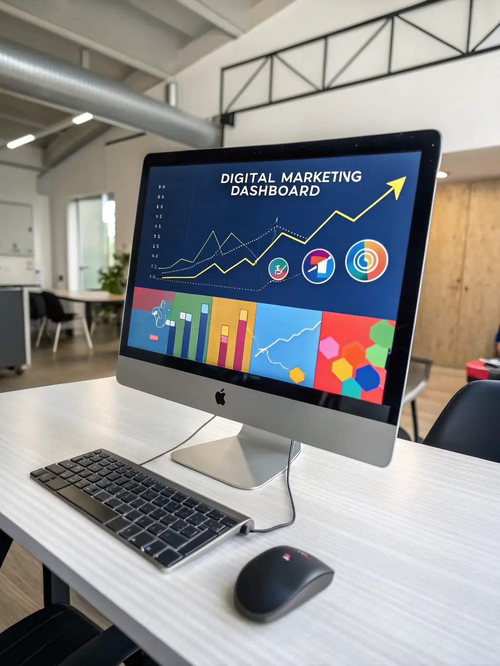 An illustration of digital marketing analytics, social media icons, and content strategies in action, representing NCSmartEdgeAI's digital marketing prowess.