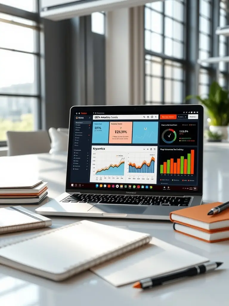 A close-up shot of a laptop screen displaying SEO analytics dashboards, showcasing keyword rankings and organic traffic growth, in the context of NCSmartEdgeAI's SEO services.