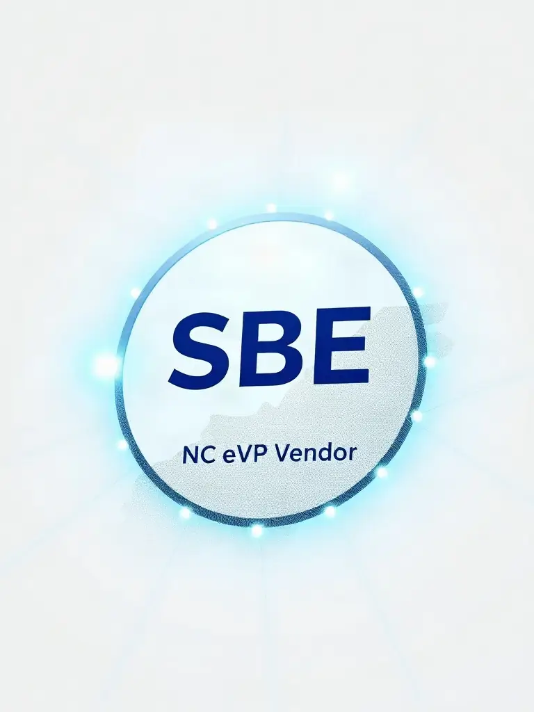 A modern badge-style graphic showing 'SBE' and 'NC eVP Vendor' icons, with a North Carolina state outline and digital network lines in the background.