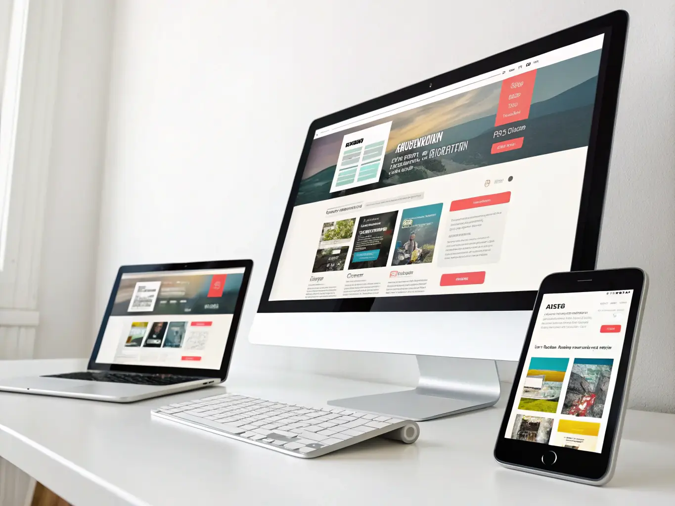 A responsive web application interface on multiple devices, featuring a manufacturing company’s branding and product catalog, illustrating scalable web development for industrial clients on a solutions page.