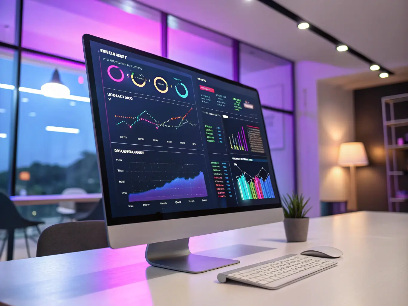 A vibrant digital marketing dashboard displaying franchise performance metrics, campaign analytics, and customer engagement data, set against a backdrop of branded franchise locations.