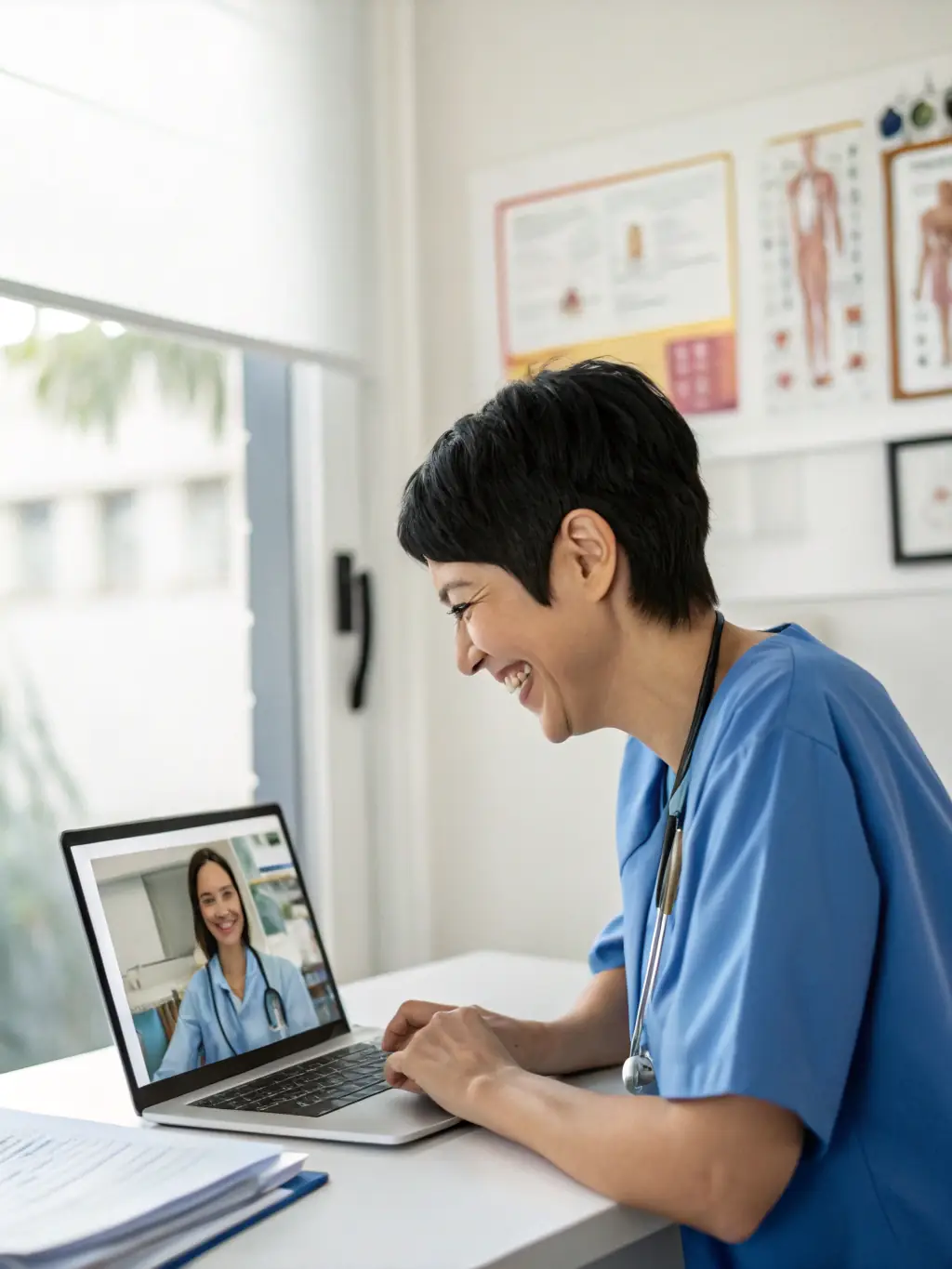 A friendly healthcare provider engaging with a patient via a secure telemedicine platform on a laptop, with clear branding and a professional setting.