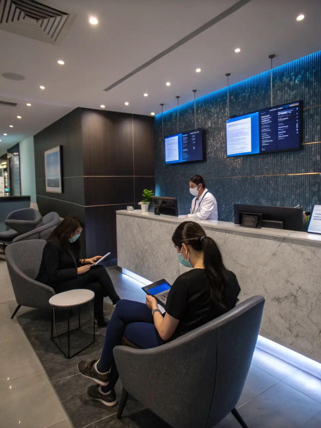 A modern medical office reception area with digital check-in kiosks and a wall-mounted display showing appointment schedules, representing streamlined patient intake through automation.