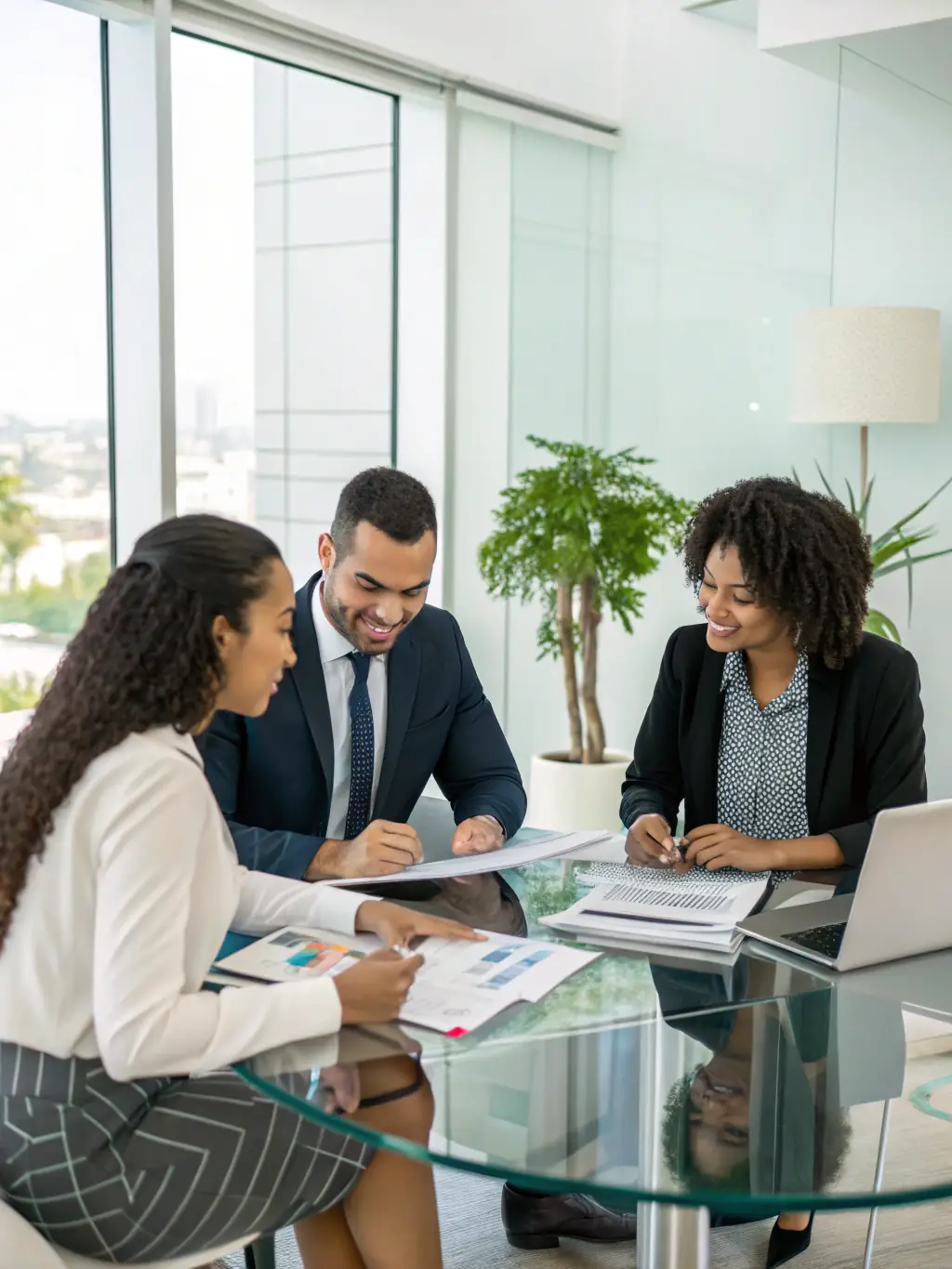 A professional consulting scene with diverse team members collaborating over documents and a digital dashboard, set in a bright, modern office.
