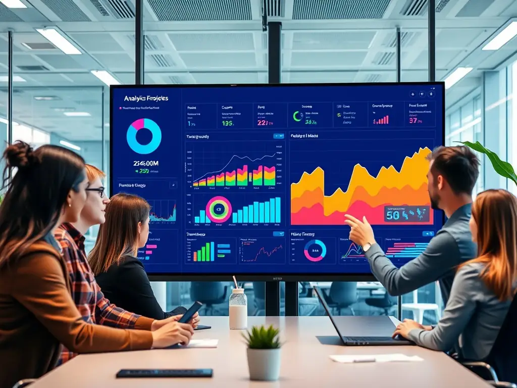 A modern corporate office environment with diverse professionals collaborating around a digital dashboard displaying website analytics and growth metrics, used to illustrate NCSmartEdgeAI's business performance solutions.