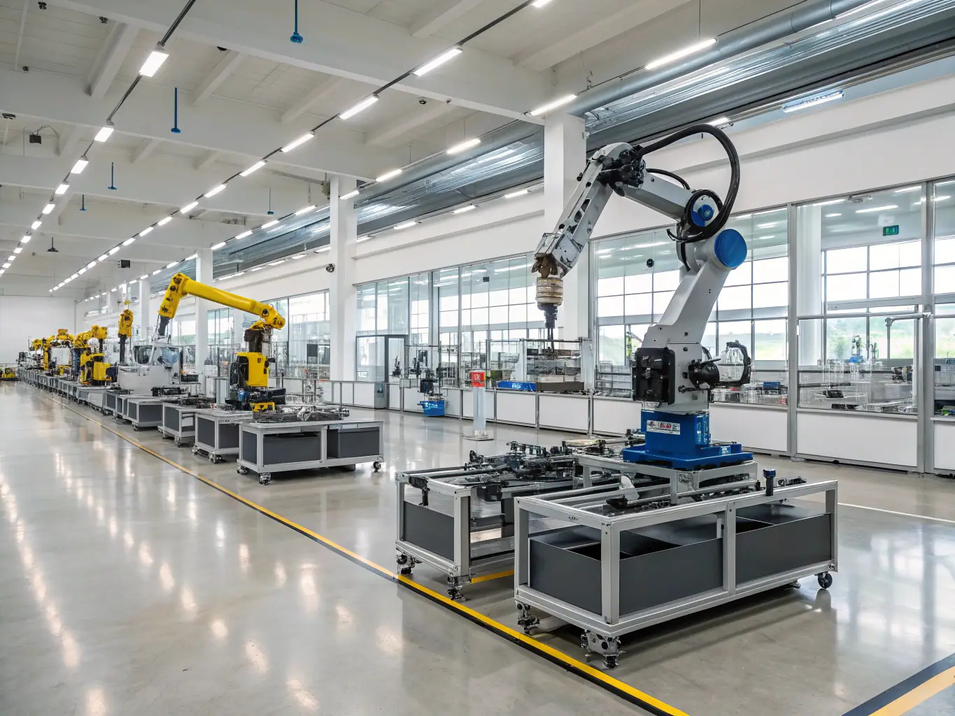 A modern manufacturing facility with robotic arms and automated conveyor belts, showcasing advanced process automation in a clean, high-tech environment for a web development agency's manufacturing solutions page.
