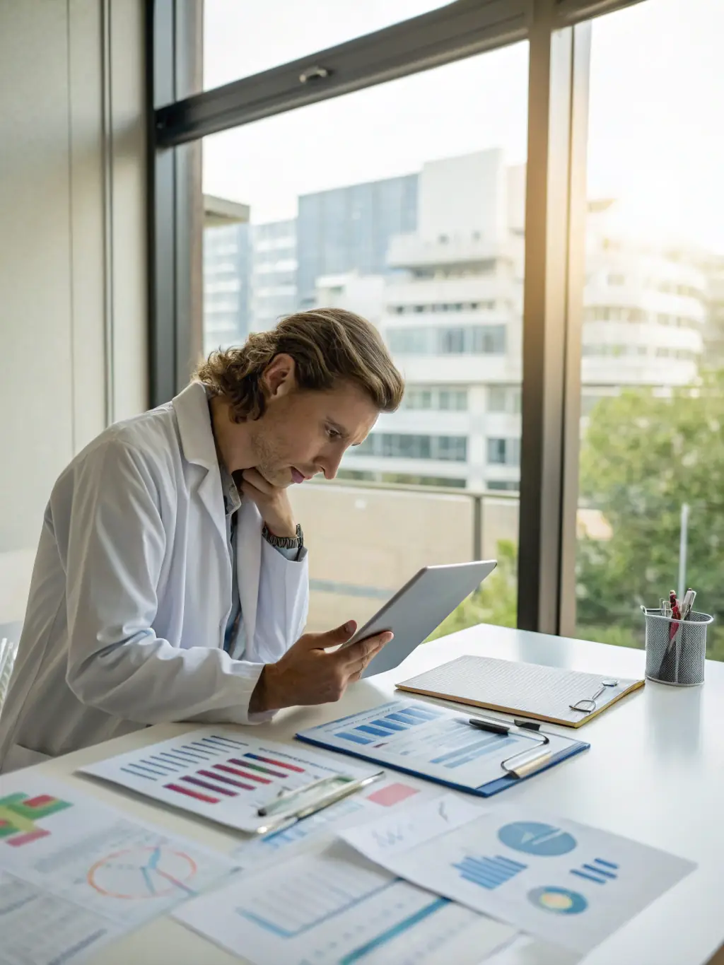 A doctor reviewing analytics dashboards on a tablet, with charts and graphs showing patient engagement and appointment trends, in a bright, tech-enabled office.