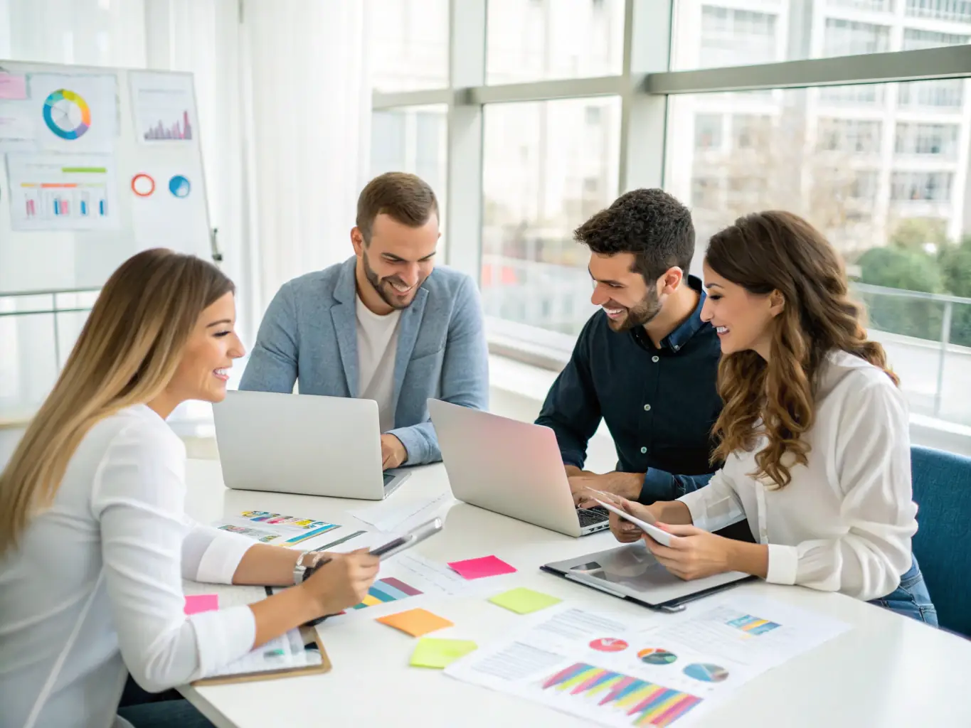 A dynamic team of web developers and franchise executives collaborating over digital blueprints and market expansion charts in a modern office, symbolizing strategic planning for franchise growth.