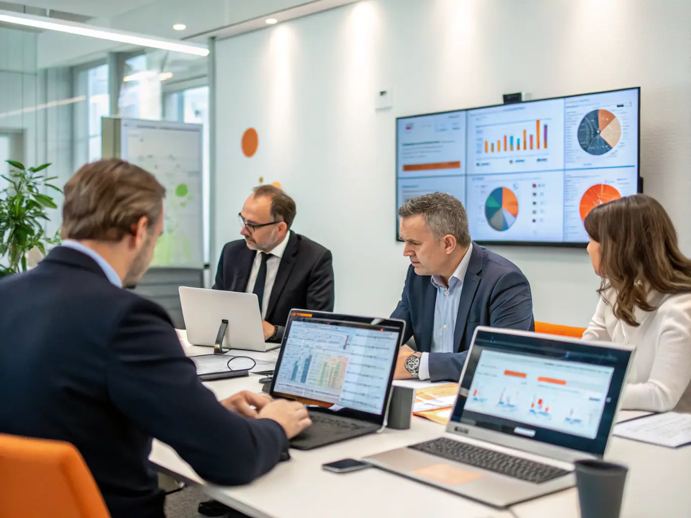 A group of business leaders reviewing a digital marketing campaign on a large screen, with vibrant charts and branding visuals, representing NCSmartEdgeAI's digital marketing expertise for corporate clients.