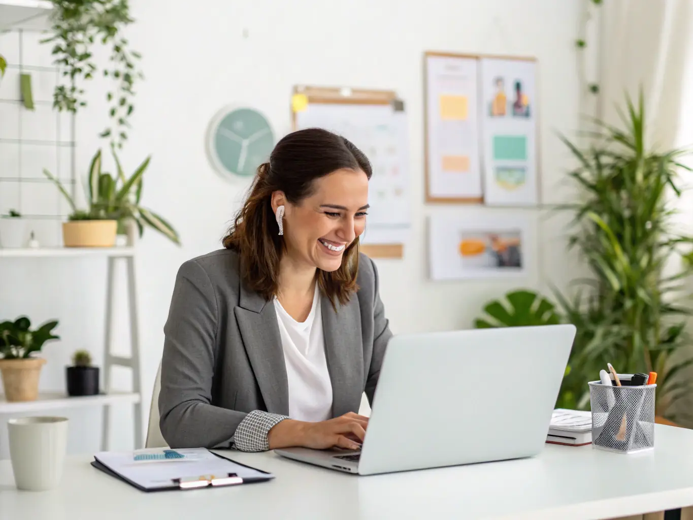 A confident franchise manager receiving leadership coaching via video call, with motivational notes and digital resources visible, symbolizing professional development and support for franchise leaders.