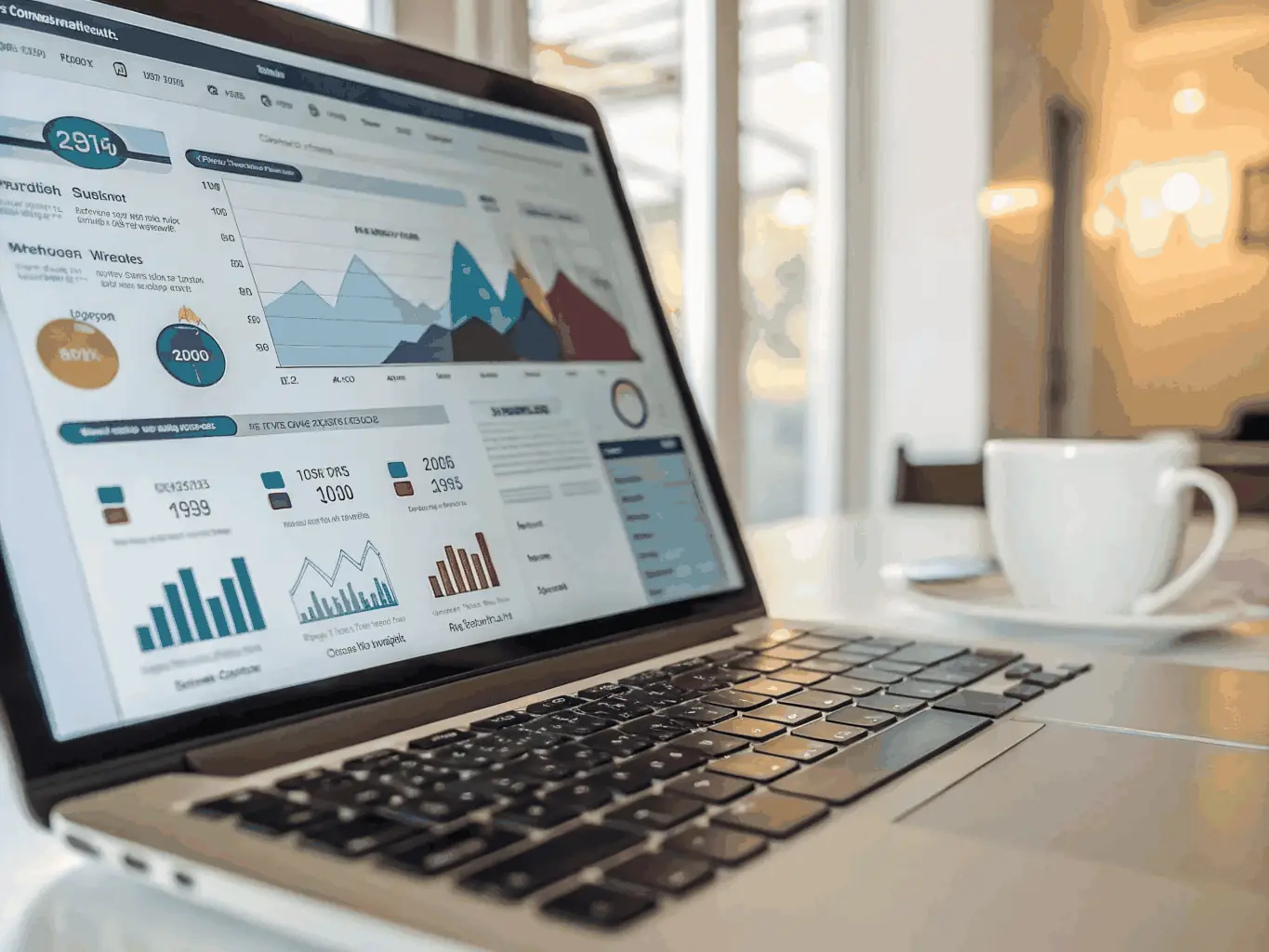 A digital marketing dashboard displaying analytics, social media engagement, and campaign performance metrics, tailored for a manufacturing company's online growth, used on a web agency's solutions page.