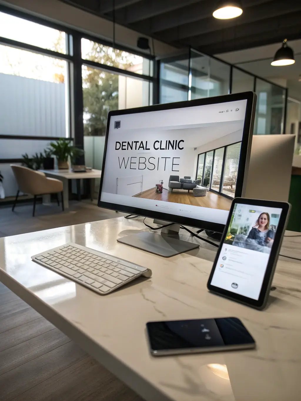 A vibrant website homepage for a dental clinic, featuring online booking buttons, testimonials, and SEO-optimized content, displayed on a desktop monitor.