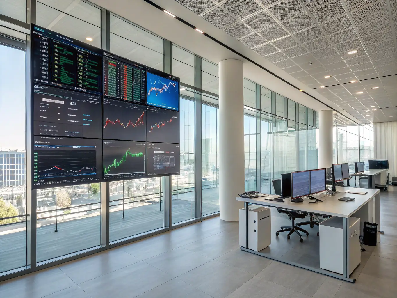 A modern franchise office with digital dashboards on screens, team members collaborating around a table, and workflow charts, representing streamlined operations and technology-driven efficiency for franchise businesses.