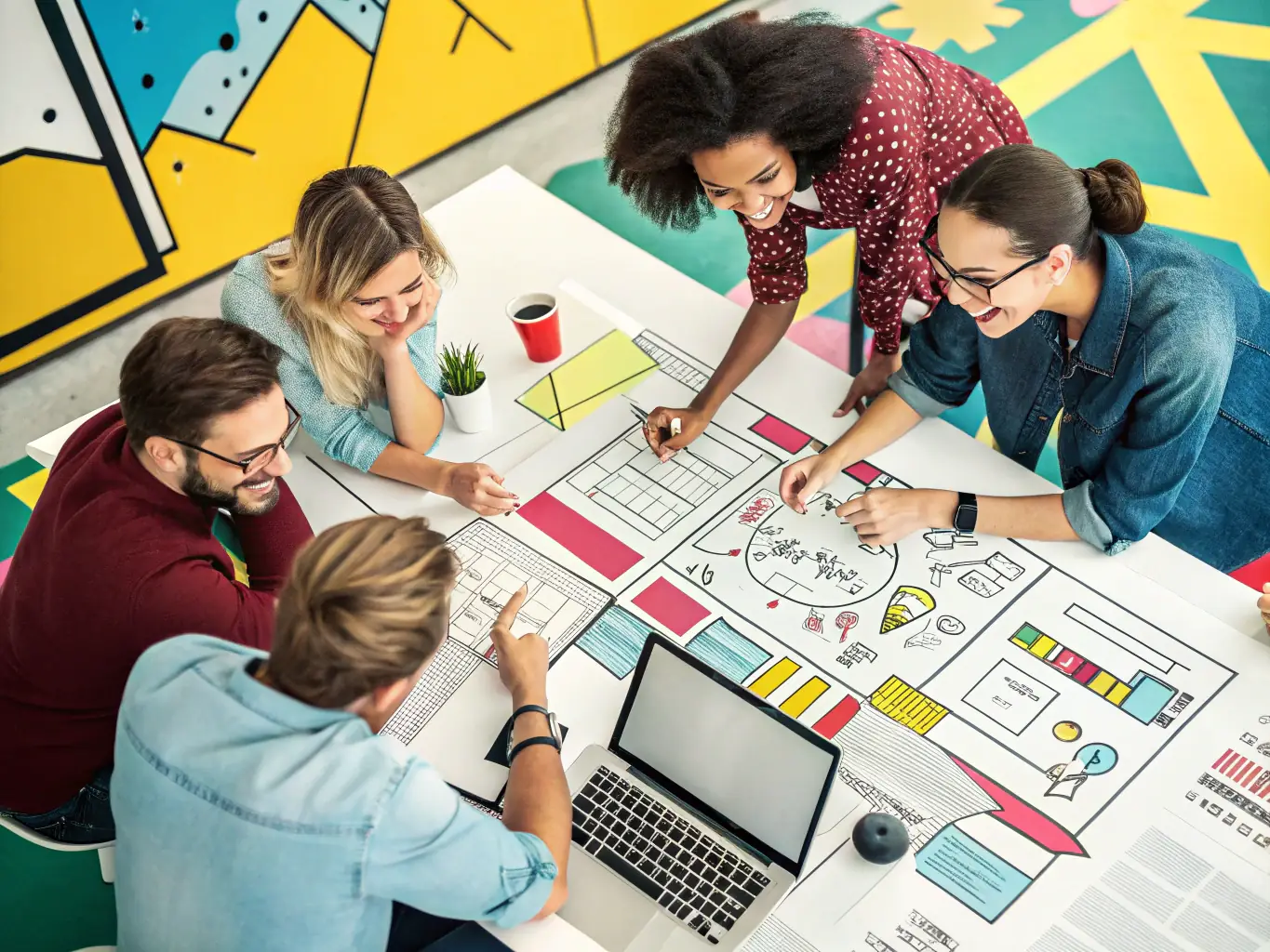 A creative workspace with designers and developers brainstorming new product features, surrounded by sketches, wireframes, and digital prototypes, representing innovation in franchise offerings.